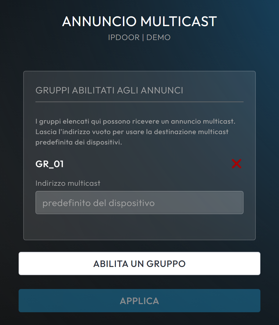 La pagina Annuncio multicast con il gruppo GR_01 abilitato e il campo Indirizzo multicast vuoto