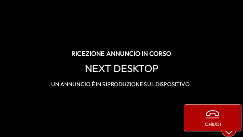 La schermata Ricezione annuncio in corso su un monitor Pleats, con il nome del monitor che parla e il tasto Chiudi