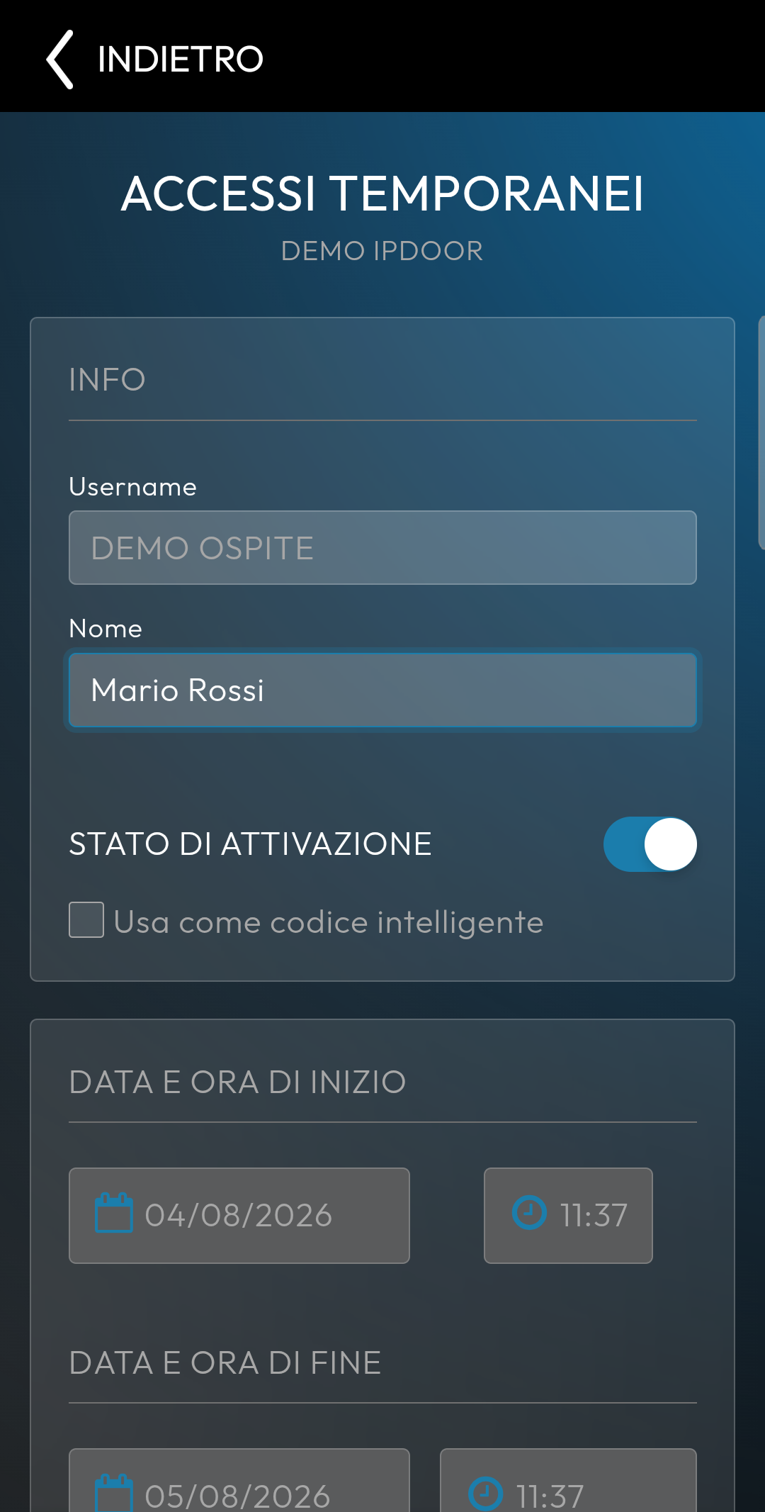 Dati dell'accesso temporaneo