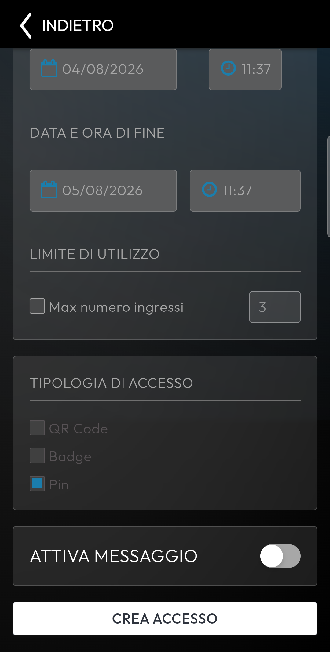 Opzioni e conferma dell'accesso temporaneo