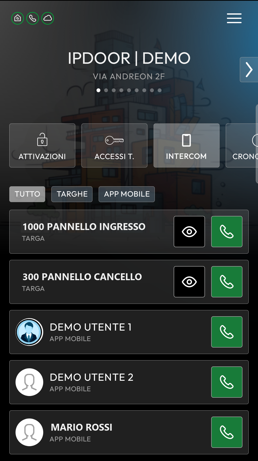 La scheda Intercom con targhe e utenti