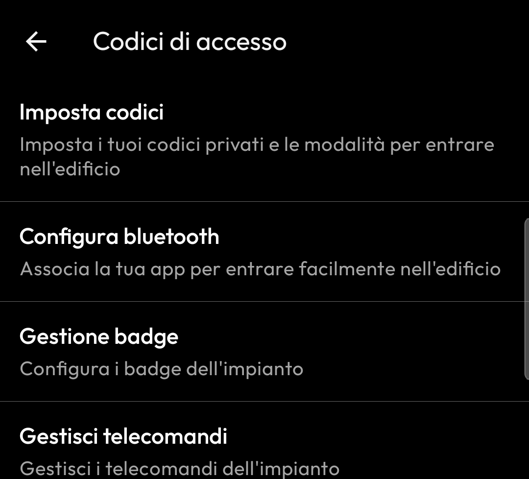 Sezione Codici di accesso