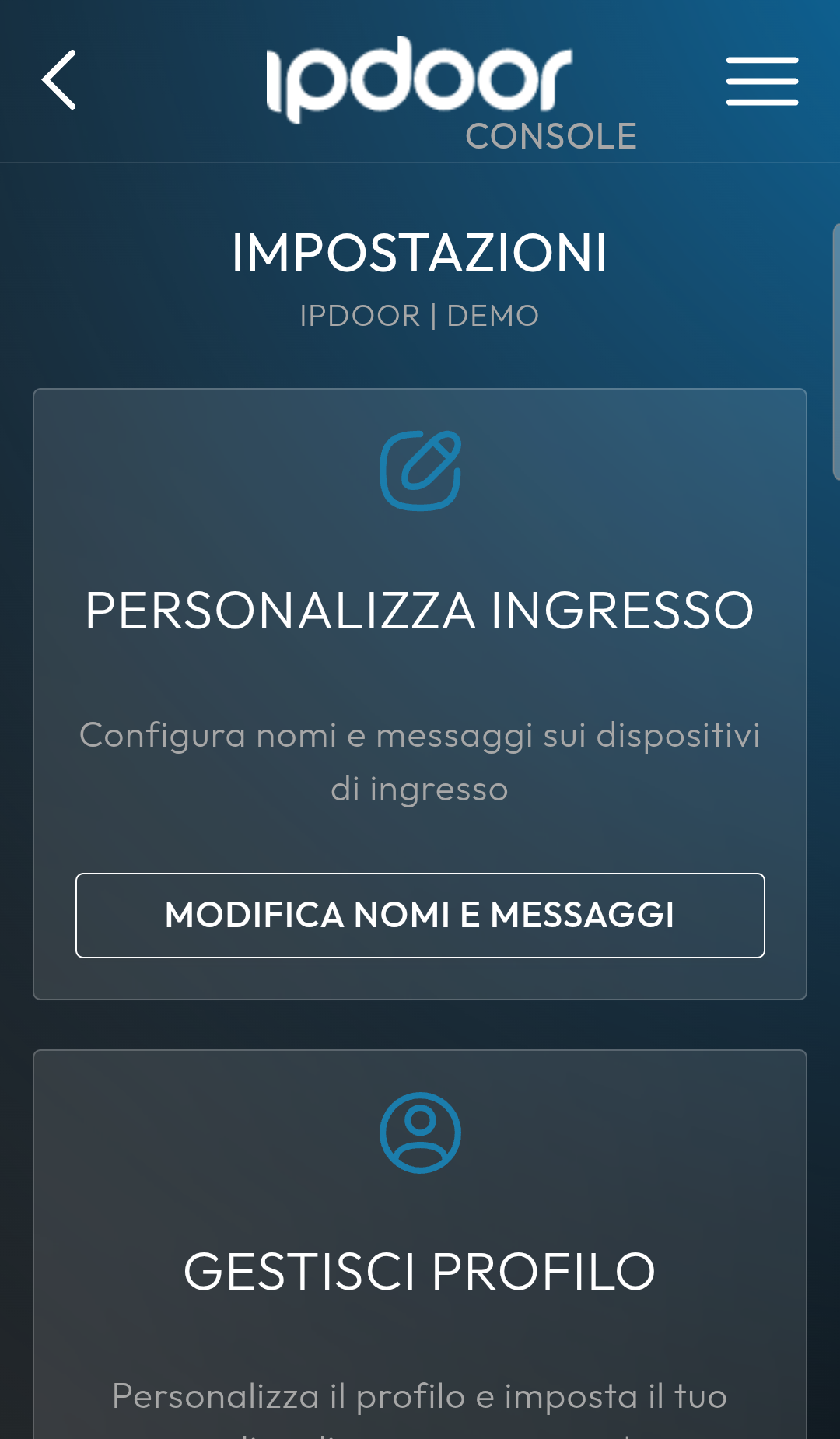 Impostazioni dell'impianto nella console utente