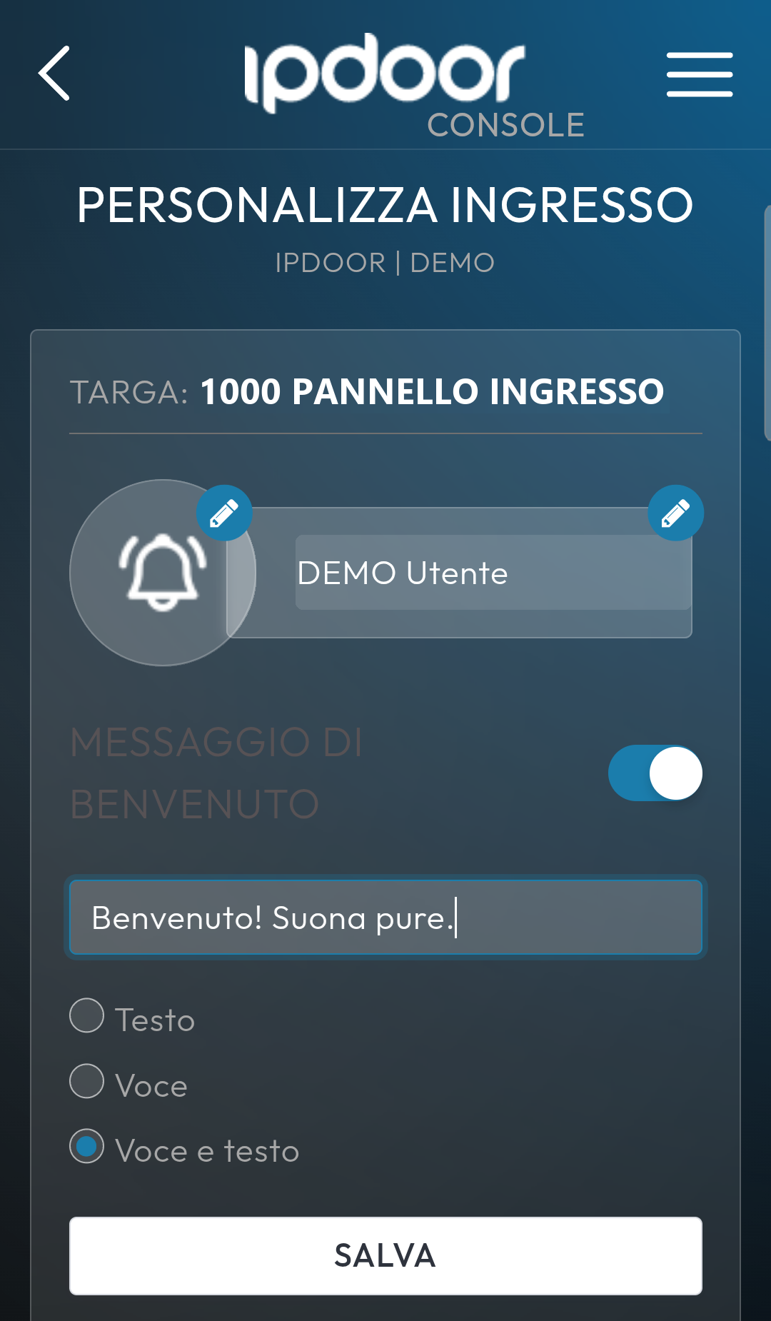 Schermata Personalizza ingresso
