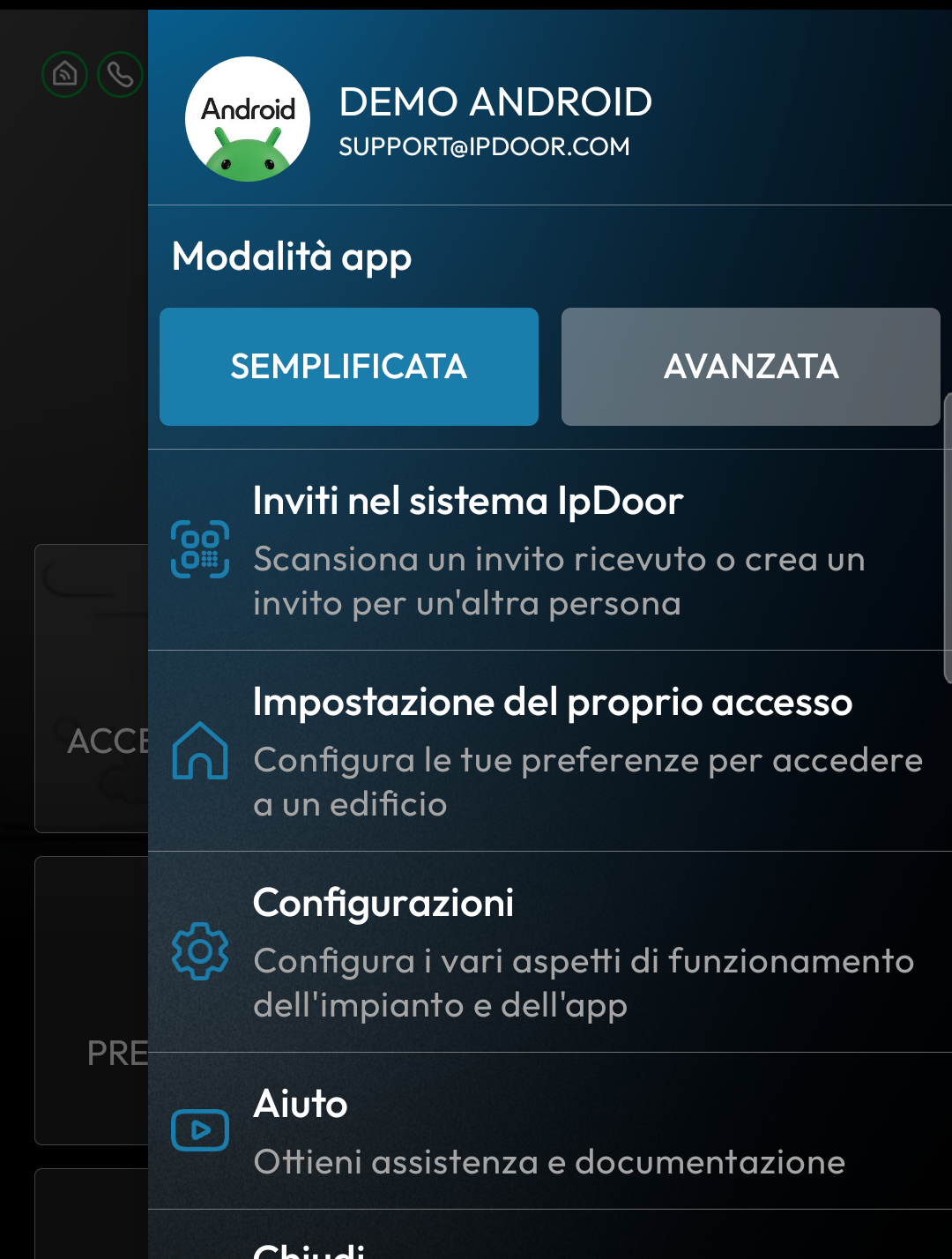 Menu di configurazione dell'App Mobile