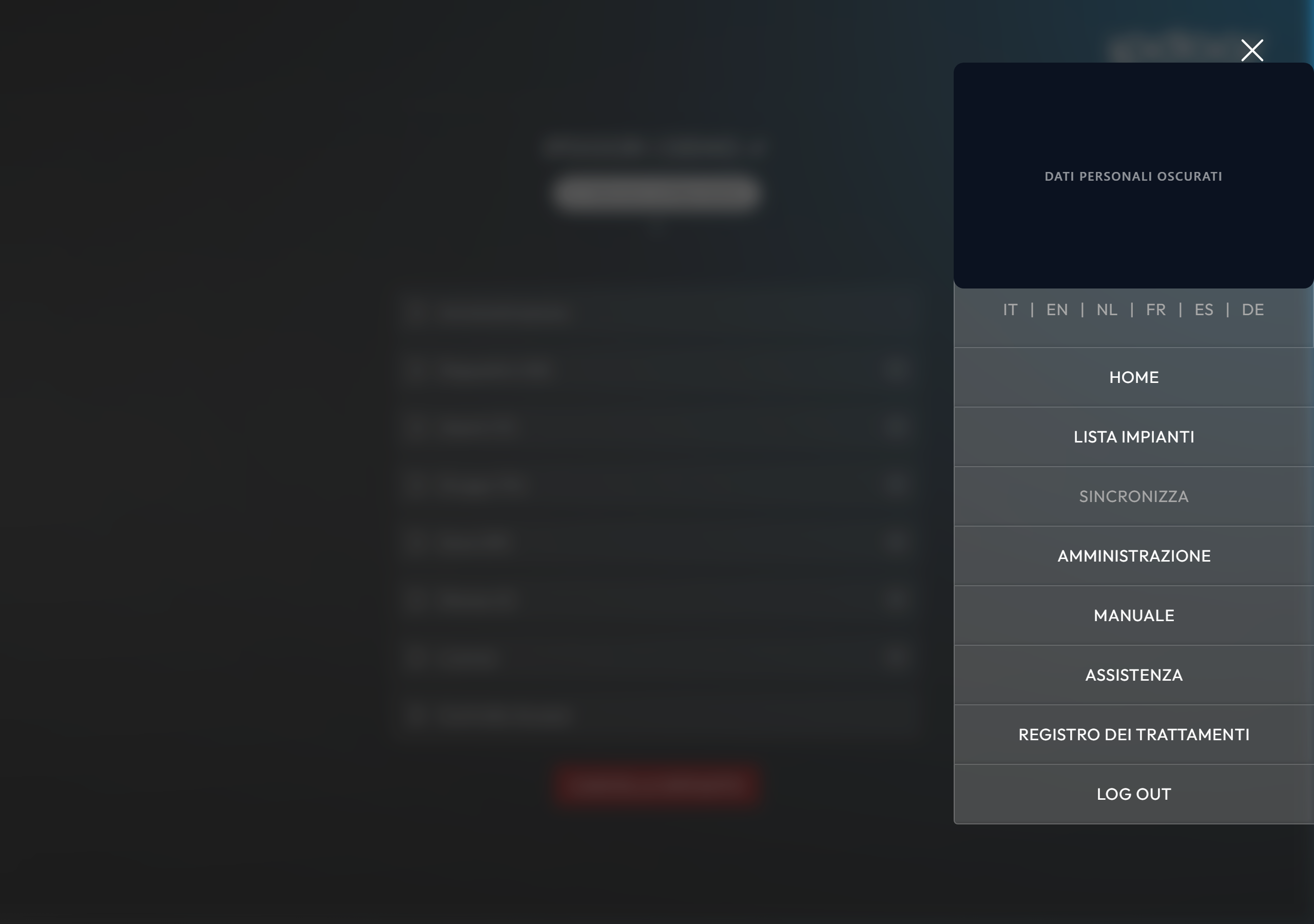 Menu di navigazione della console IpDoor aperto dall'icona a tre linee