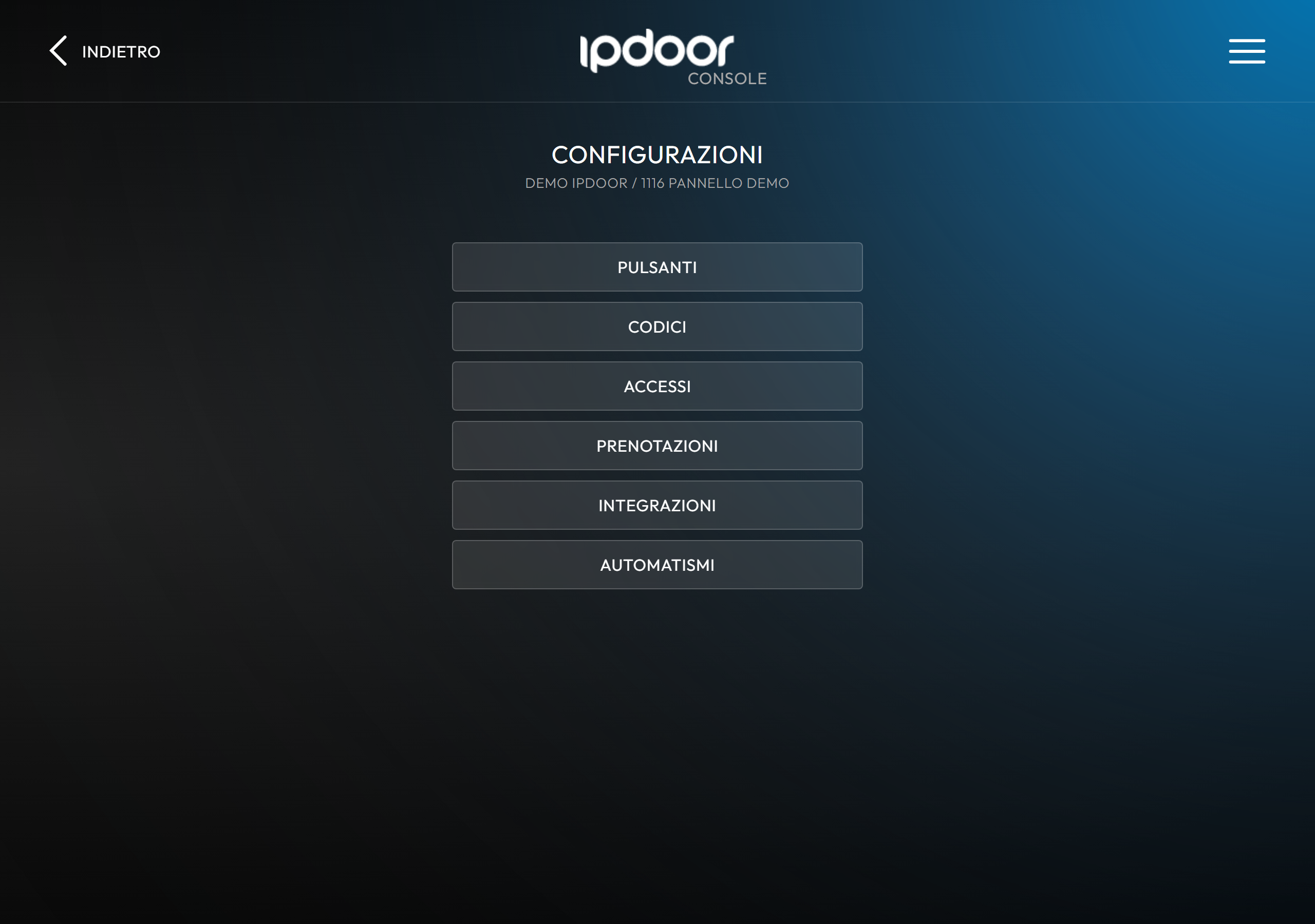Il menu Configurazioni di una postazione esterna, con la voce Codici evidenziata